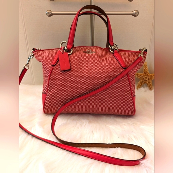 Coach Handbags - COACH Kelsey Jacquard Pink/Red Purse Medium Size Pre-loved F57244